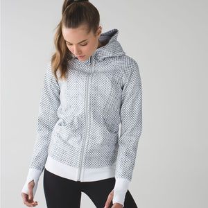 Women's black and white polka dot scuba style lululemon zip up hoodie jacket.